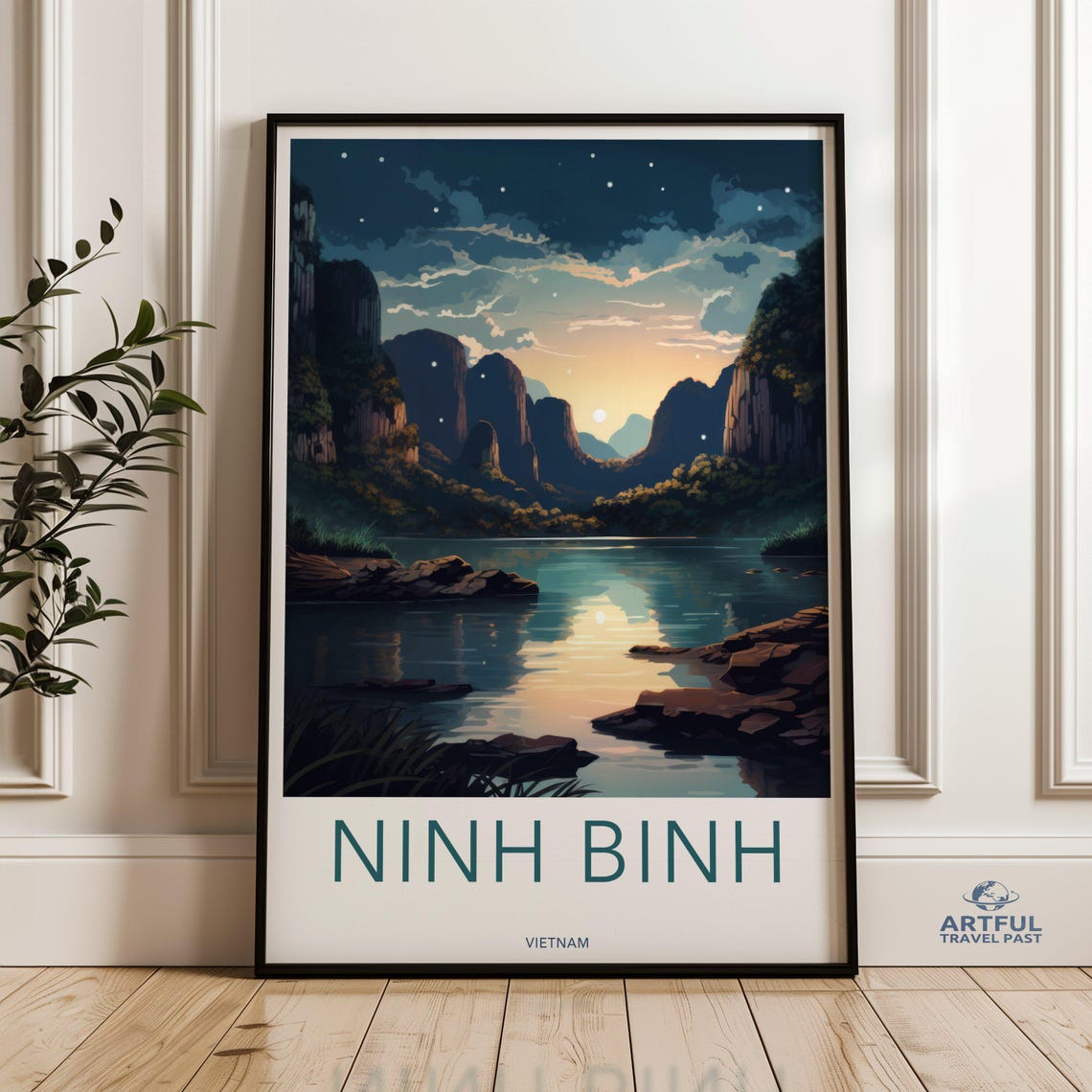 Ninh Binh Vietnam Moonlit Night River Karst Cliffs Travel Poster