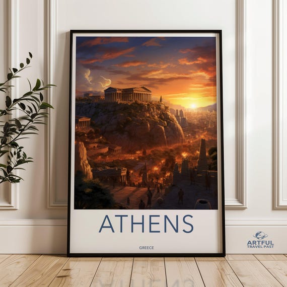 Athens Wall Art Greece Travel Poster Ancient Greek Architecture Print Sunset Over Landmark Historical Cityscape Decor