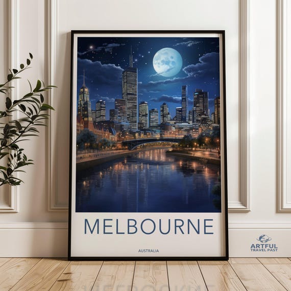 Melbourne Skyline Wall Art Moonlit Cityscape Night View Of City Australian Landmark Landscape Poster Architecture Print