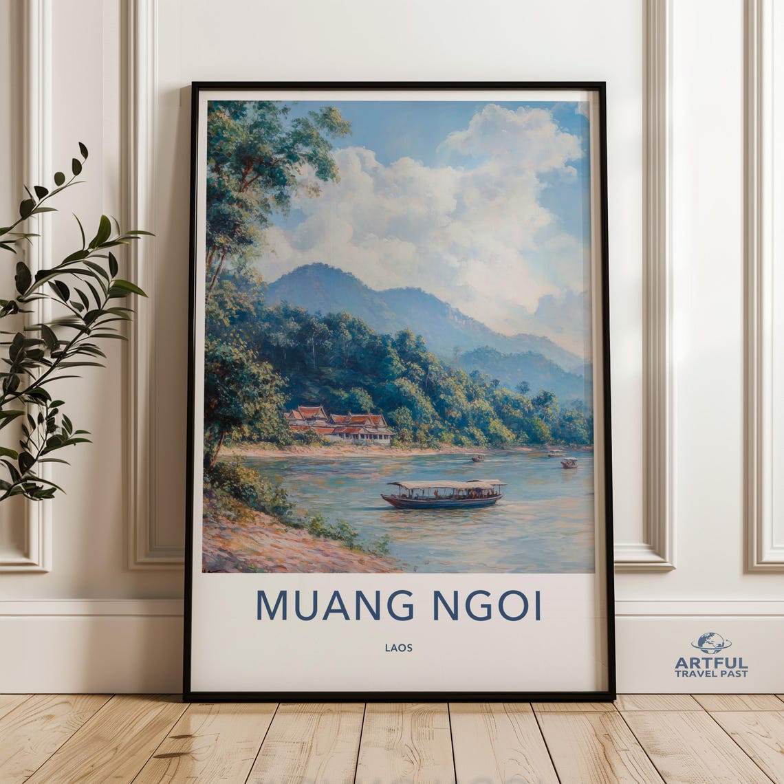 Muang Ngoi Laos River Village Long Boat Mountain Landscape Poster