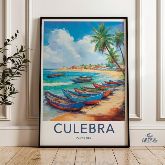 Culebra Puerto Rico Wall Art Decor Colorful Boat Landscape Tropical Beach Painting Coastal Living Room Decoration