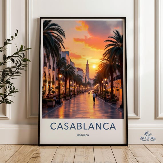 Casablanca Morocco Travel Poster Evening Street Wall Art Cityscape Photography Print Urban Landscape Home Decor Artful Past