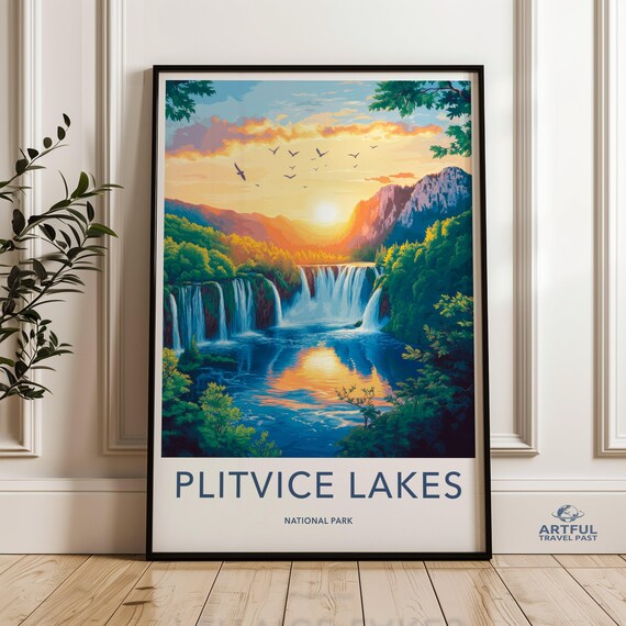 Plitvice Lakes National Park Waterfall Sunset Nature Travel Poster