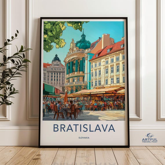 Bratislava Wall Art Slovakia Travel Poster Cityscape Print European Architecture Colorful Illustration Cafe Scene