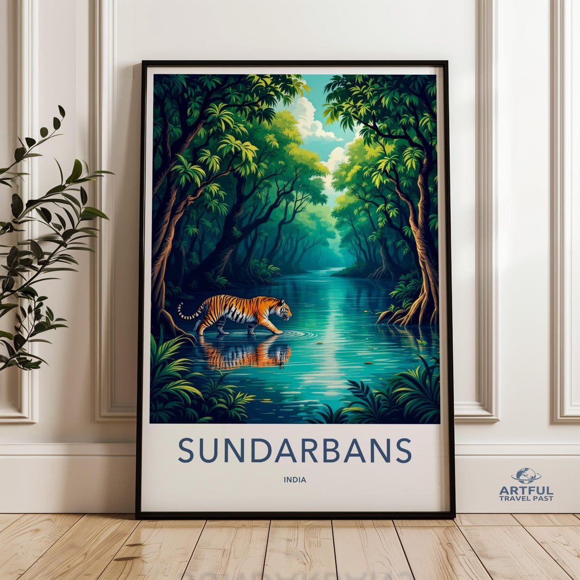 Sundarbans India Bengal Tiger Crossing a Jungle River Travel Poster