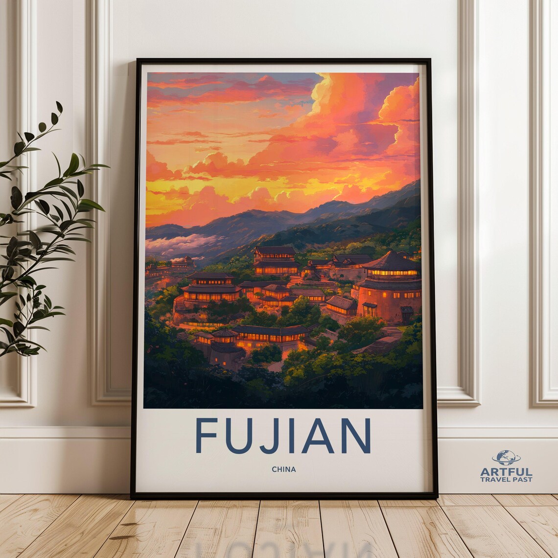 Fujian China Sunset Traditional Architecture Scenic Travel Poster