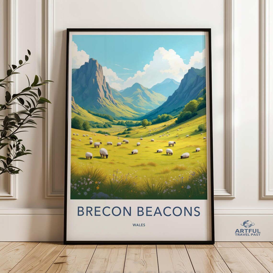 Brecon Beacons Wales Sheep Meadow Mountain Vintage Travel Poster