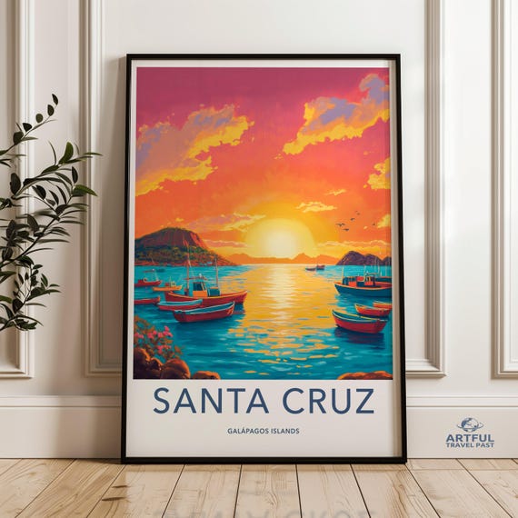 Santa Cruz Galapagos Islands Wall Art Sunset Ocean Landscape Print Coastal Decor Poster Nautical Seaside Illustration