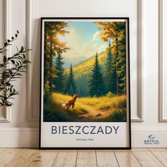 Bieszczady National Park Vintage Travel Poster Fox Forest Mountain Art