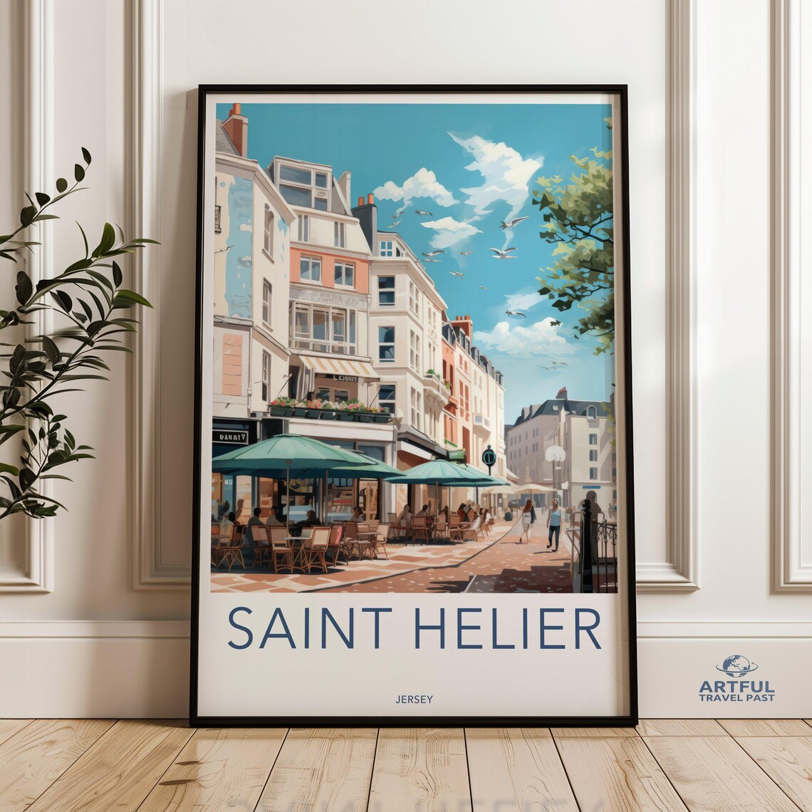 Saint Helier Jersey Cafe Street Historic Vintage Travel Poster