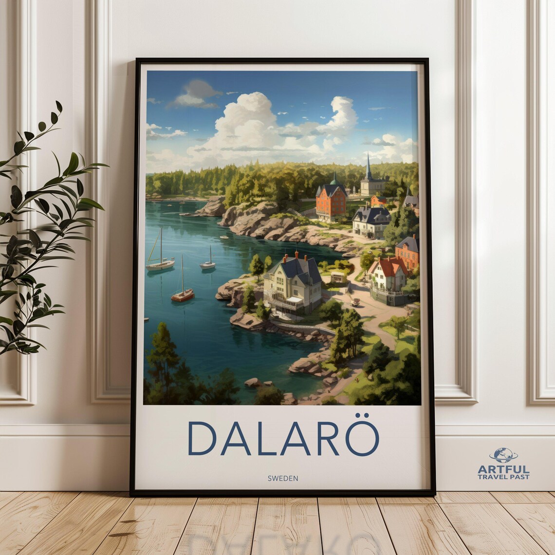 Dalaro Sweden Coastal Village Sailboats Vintage Travel Poster