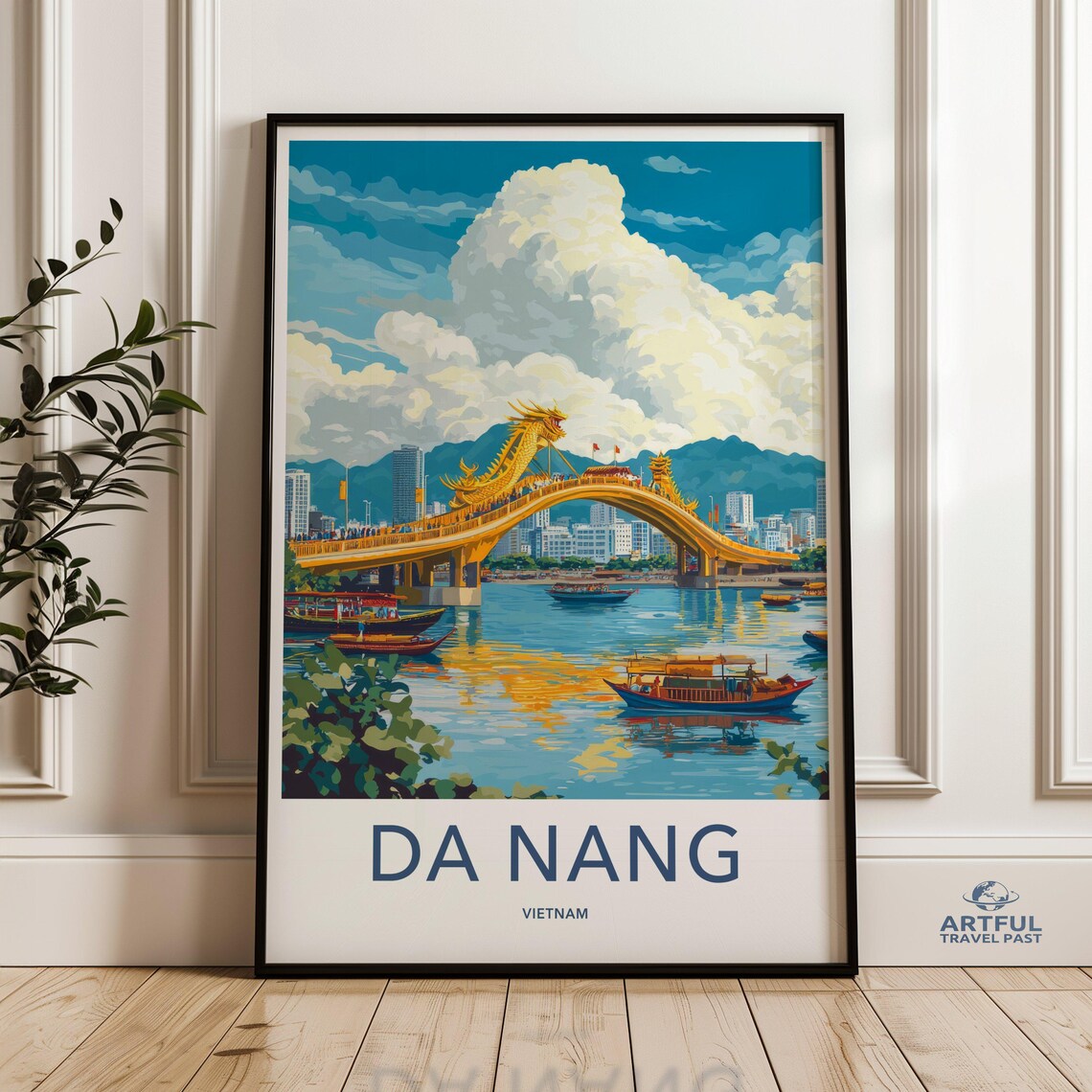 Da Nang Vietnam Dragon Bridge River Boats Vibrant City Travel Poster