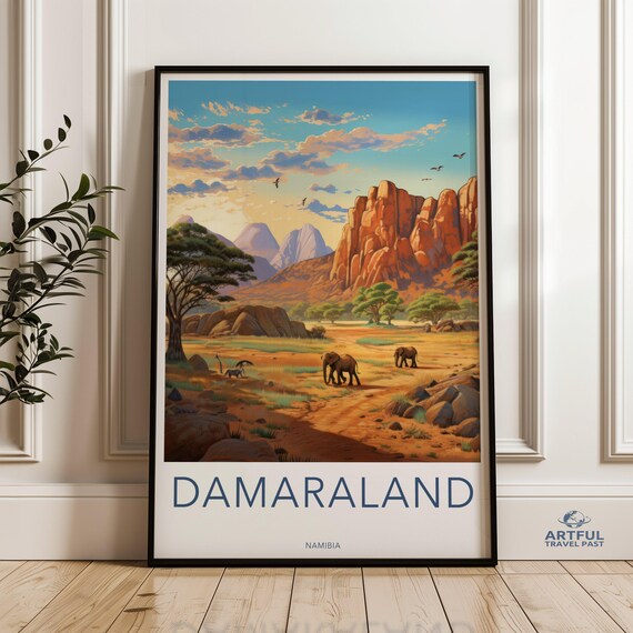 Damaraland Wall Art Print Namibia Landscape Poster African Wildlife Scenery Elephant Herd Artwork Nature Decor For Home