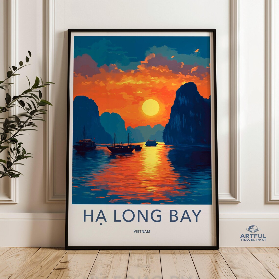 Ha Long Bay Vietnam Sunset Karst Islands Boat Scenic Travel Poster