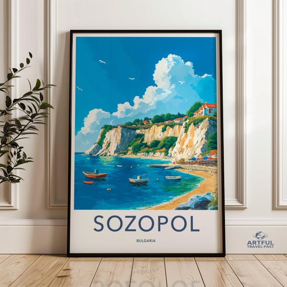Coastal Sozopol Wall Art Vibrant Seaside Decor Scenic Bulgaria Poster Beach Boats Illustration Mediterranean Landscape Print