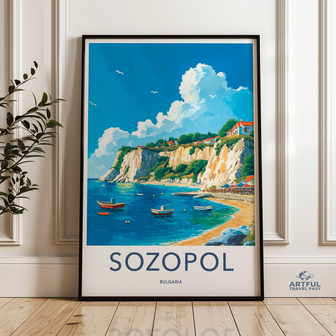 Sozopol Bulgaria Cliffside Beach Fishing Boats Travel Poster