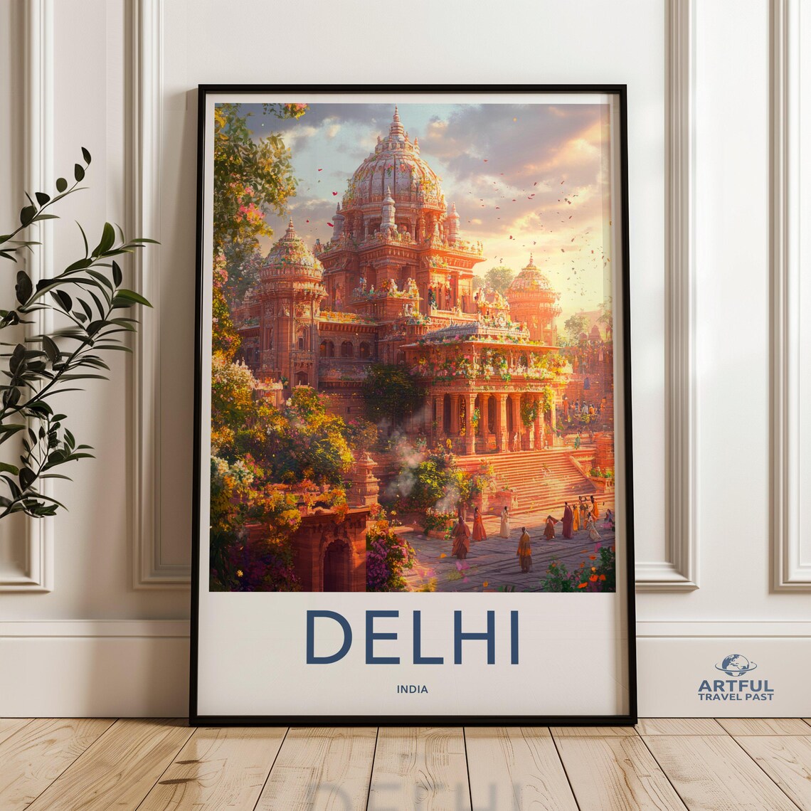 Delhi India Travel Poster With Grand Temple Architecture Sunset Scene