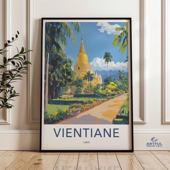 Vientiane Laos Wall Art Travel Poster Print Southeast Asia Vintage Style Decor Beautiful Cityscape Painting