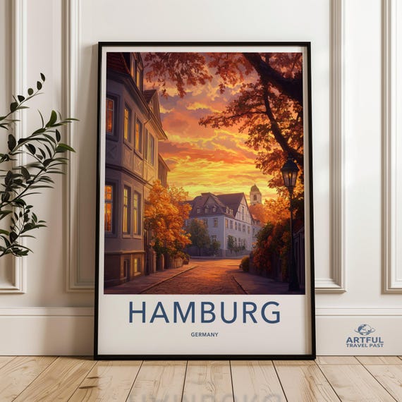 Hamburg Germany Golden Sunset Street Autumn Evening Travel Poster