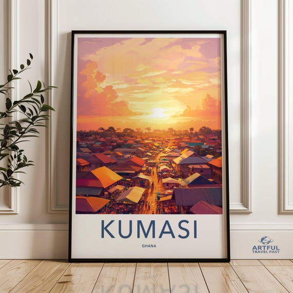 Kumasi Ghana Wall Art Sunset Cityscape Print African Market Scene Vibrant Decor Travel Poster Home