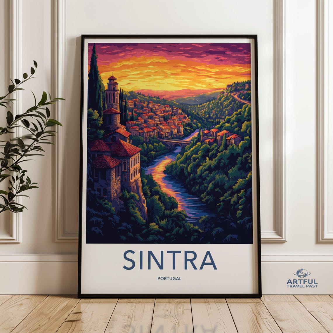 Sintra Portugal Sunset Hills Travel Poster Old Town River Castle Art