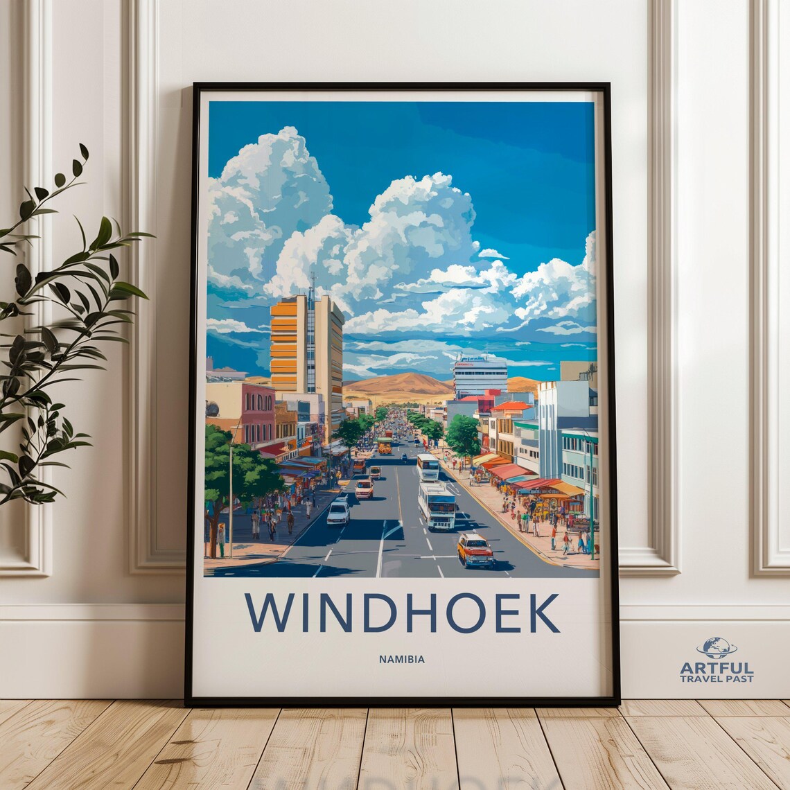 Windhoek Namibia Bustling City Street Mountain View Travel Poster