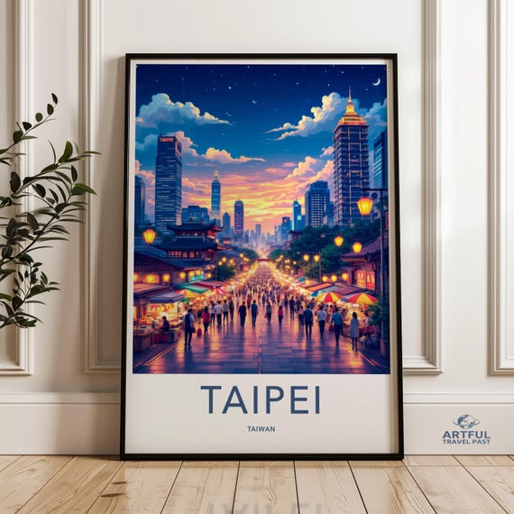 Taipei Night Market Wall Art Cityscape Print With Lights Skyline Poster Taiwan Vibrant Urban Street Decor Bustling Evening City