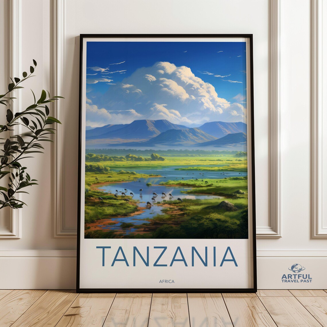 Tanzania Africa Lake Flamingos Safari Retro Travel Art Poster