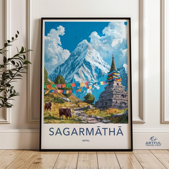 Mount Everest Sagarmatha Nepal Travel Poster With Prayer Flags And Stupa