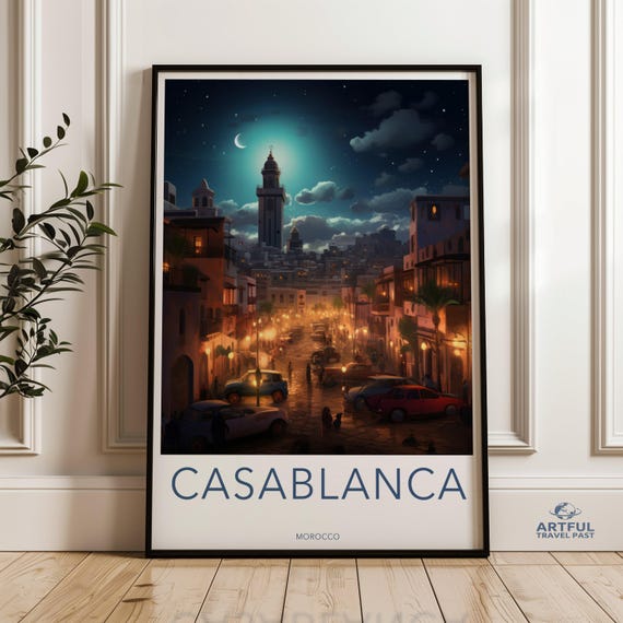 Casablanca Morocco Night Cityscape Wall Art Illuminated Street Poster Moonlit Urban Scene Print Decorative Decor