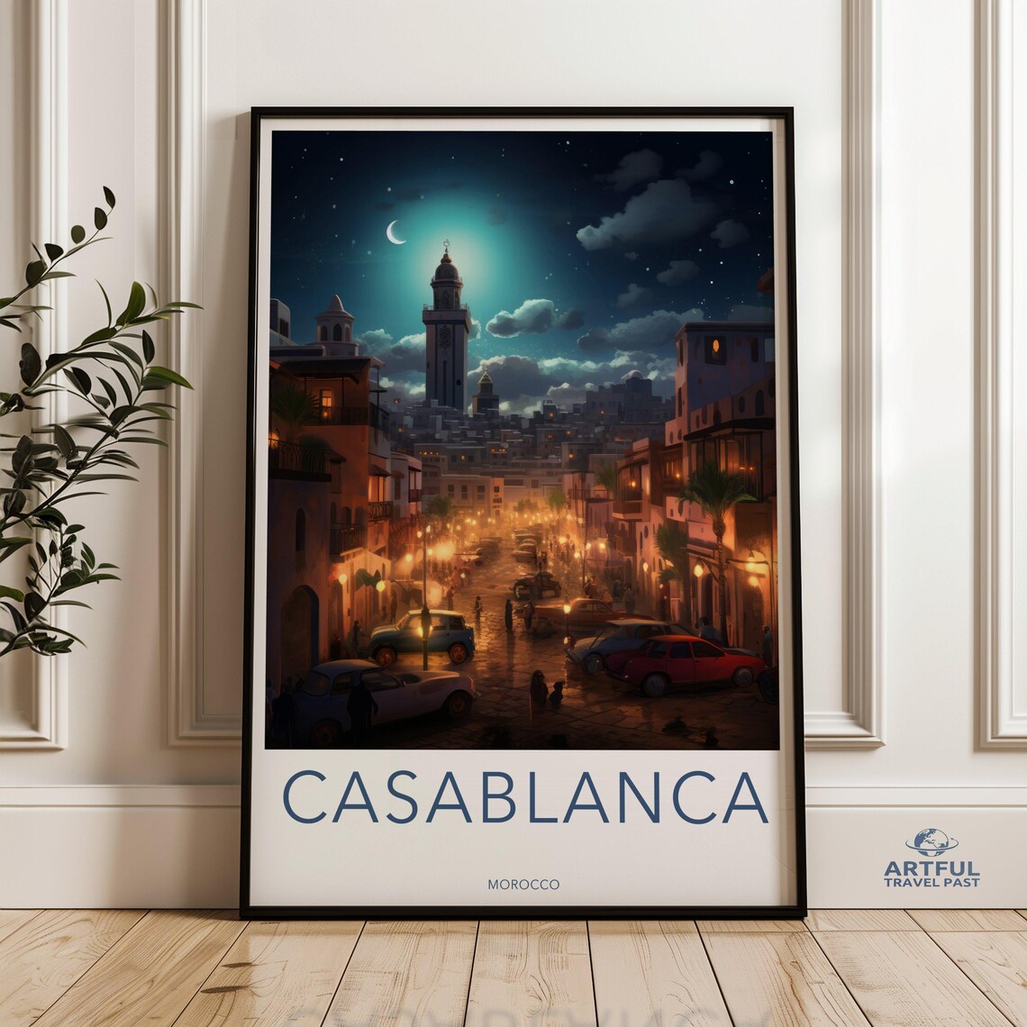 Casablanca Morocco Moonlit Old City Night Street Vintage Travel Poster