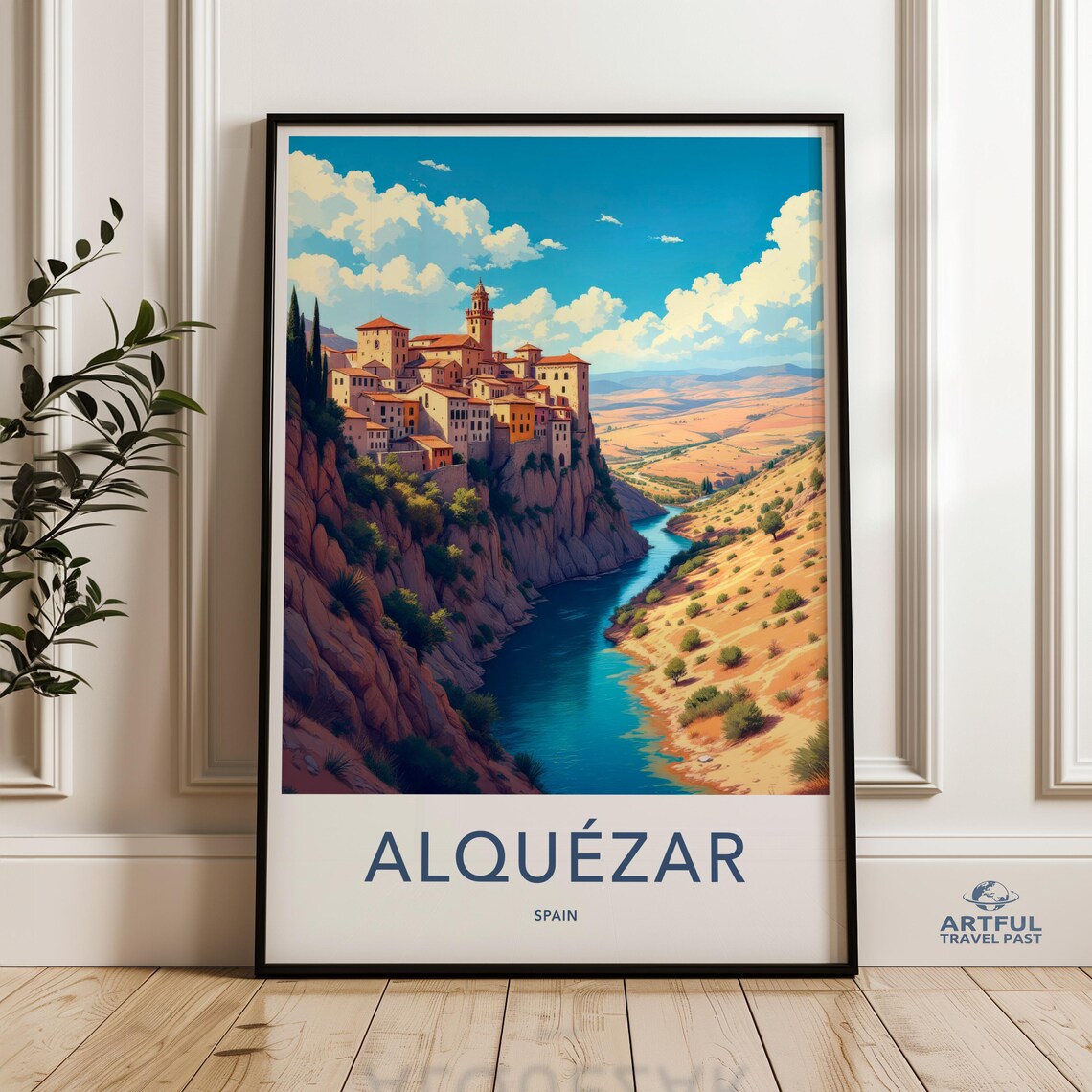 Alquezar Spain Clifftop Village River Canyon Vintage Travel Poster