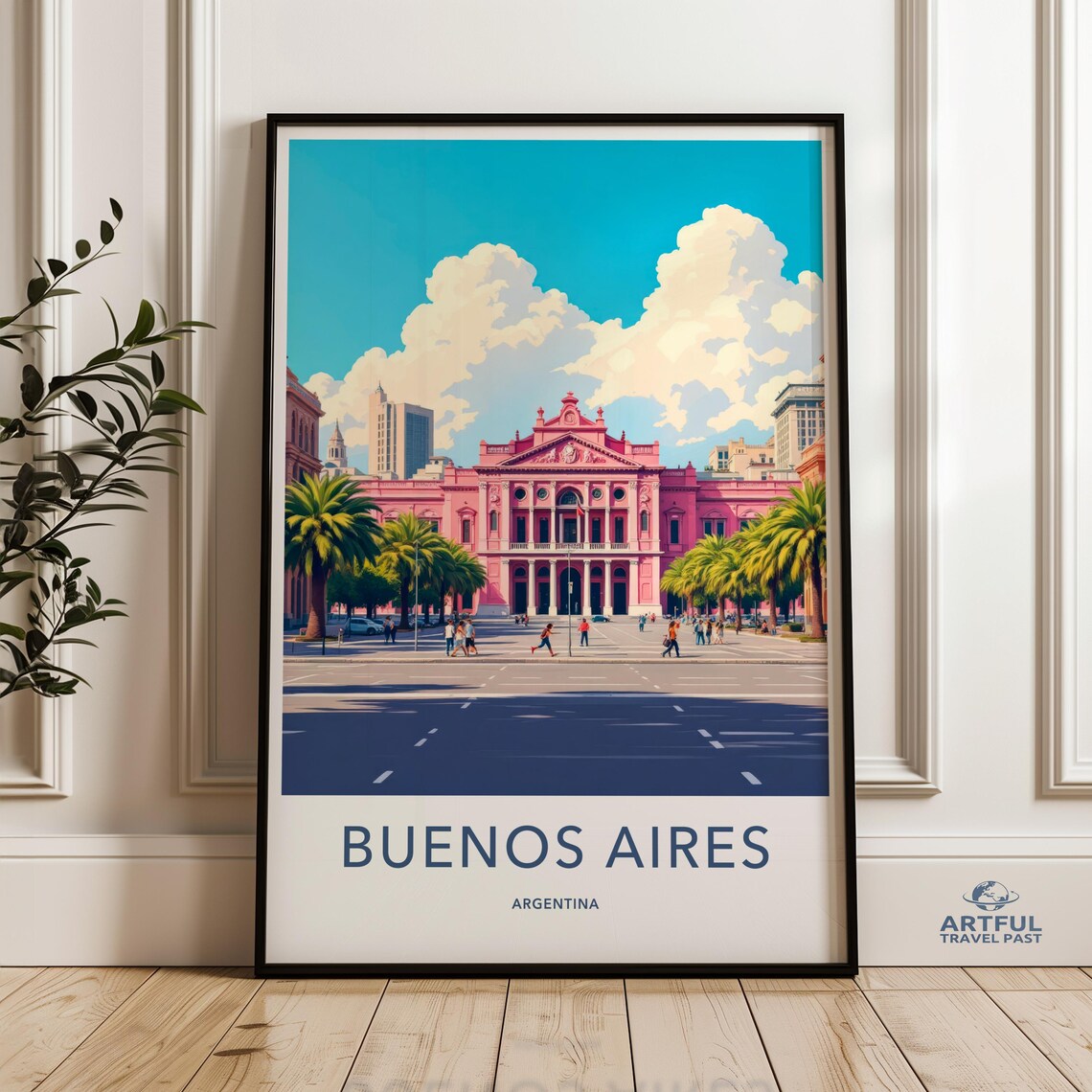 Buenos Aires Argentina Pink Palace Plaza Street Vintage Travel Poster