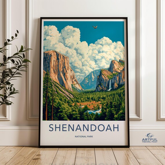 Shenandoah National Park Travel Poster Granite Cliffs Waterfall Scene Art