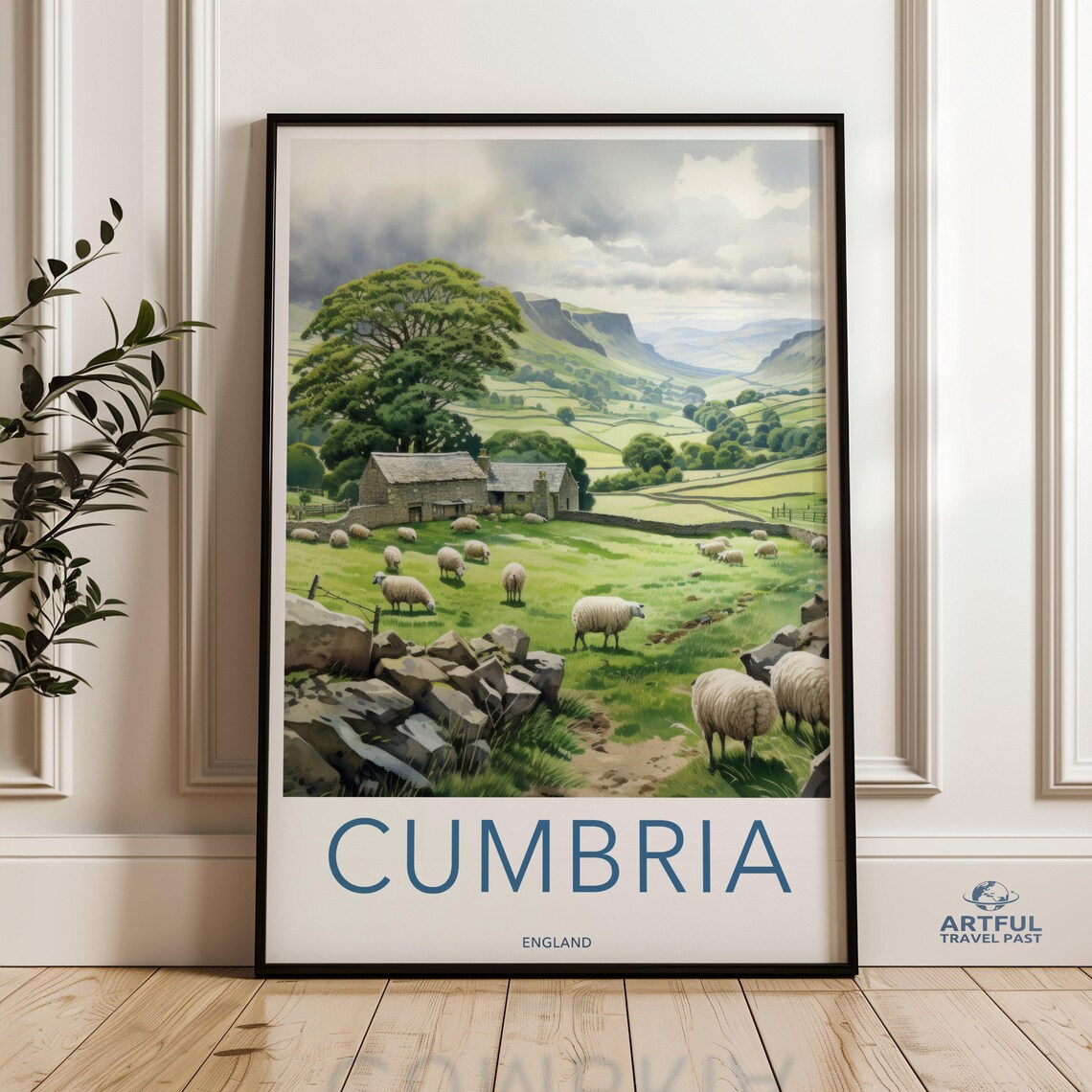 Cumbria England Sheep Pasture Stone Barn Vintage Travel Poster