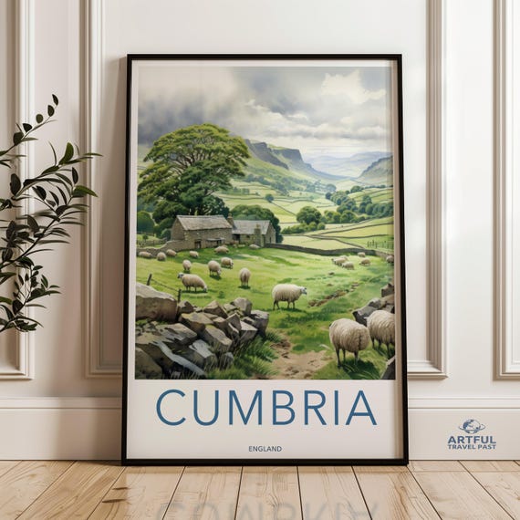 Cumbria Wall Art English Countryside Decor Sheep Pasture Landscape Print Rural England Illustration Rustic Farmhouse