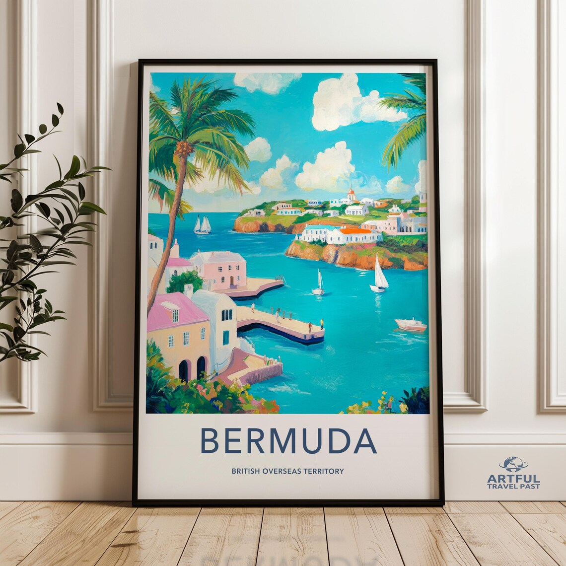 Bermuda Tropical Harbor Sailboats Pastel Houses Vintage Travel Poster