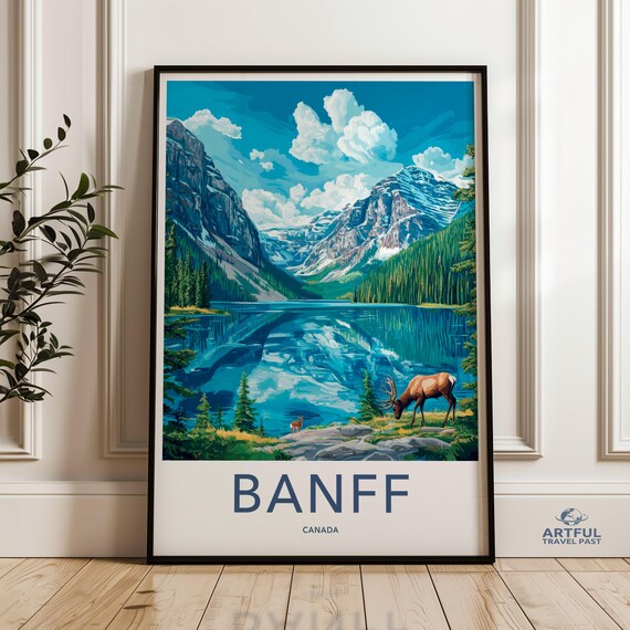 Banff Canada Alpine Mountain Lake With Elk Vintage Travel Poster