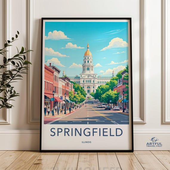 Springfield Illinois Wall Art Skyline Print Cityscape Travel Poster Retro Urban Decor