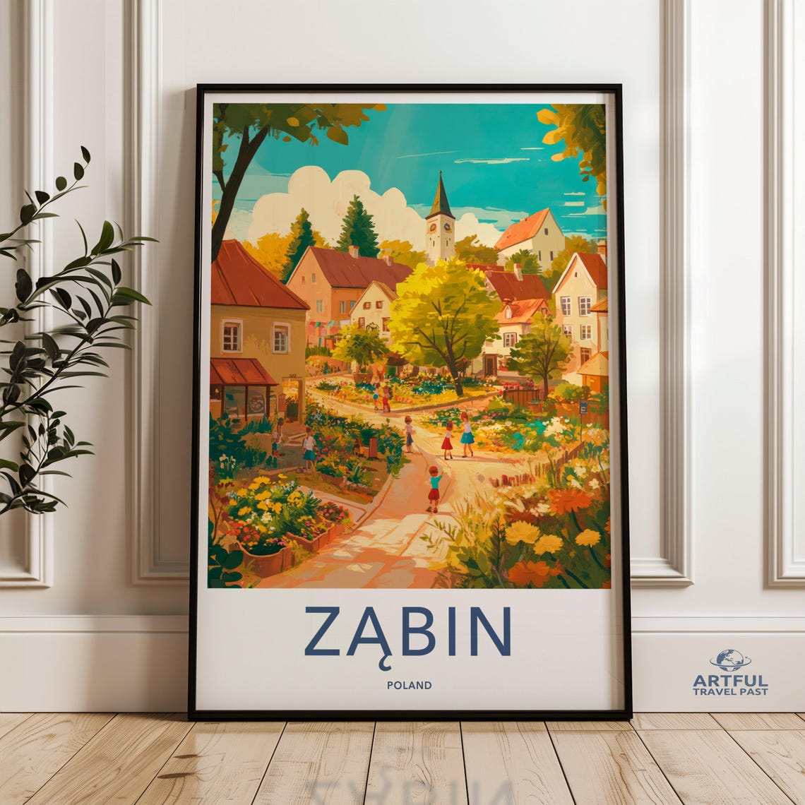 Zabin Poland Wall Art Polish Town Illustration Village Scene Print Kids Playing Painting European Cityscape Colorful Travel Poster