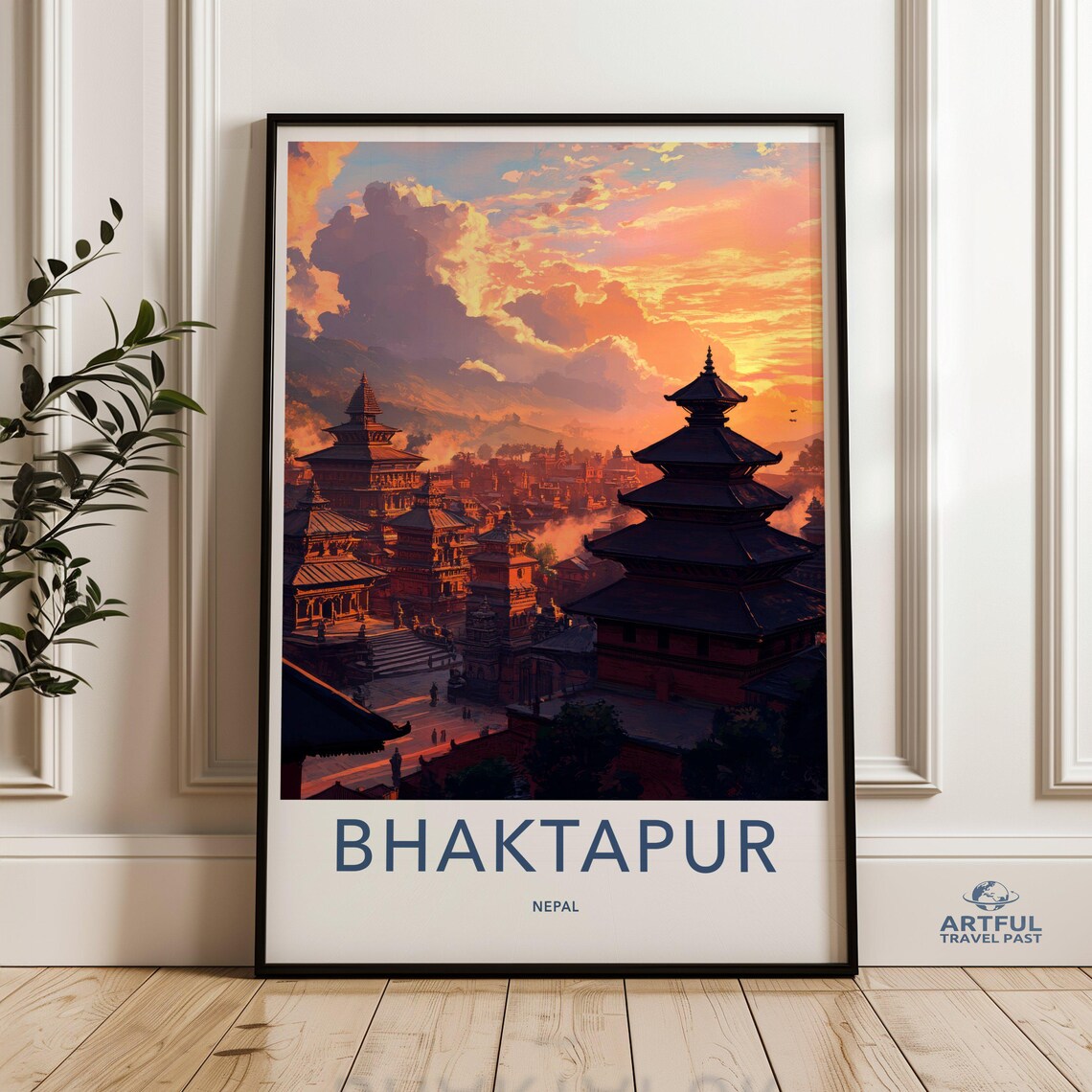 Bhaktapur Nepal Ancient Pagoda Temples Fiery Sunset Travel Poster