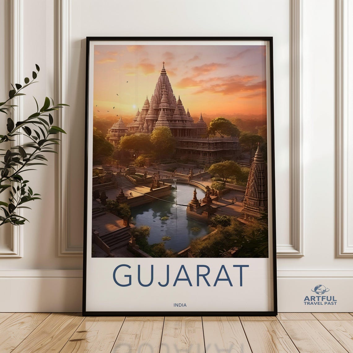 Gujarat India Sunset Temple Travel Poster Architectural Heritage Art