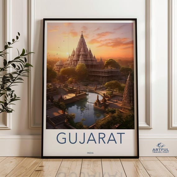 Sunset Over Ancient Temple Gujarat Wall Art Architectural Wonders Cultural Landmarks Vibrant Colors Historic Location