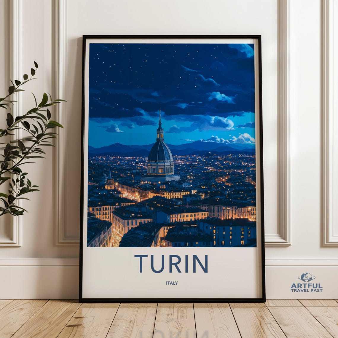 Turin Italy Night Cityscape Mole Antonelliana Skyline Art Poster