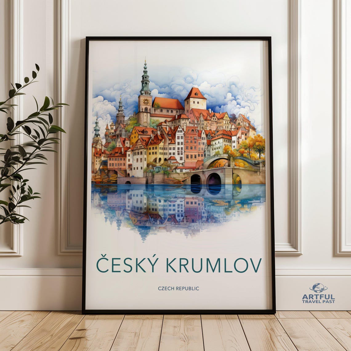 Cesky Krumlov Czech Republic Watercolor River Reflection Travel Poster