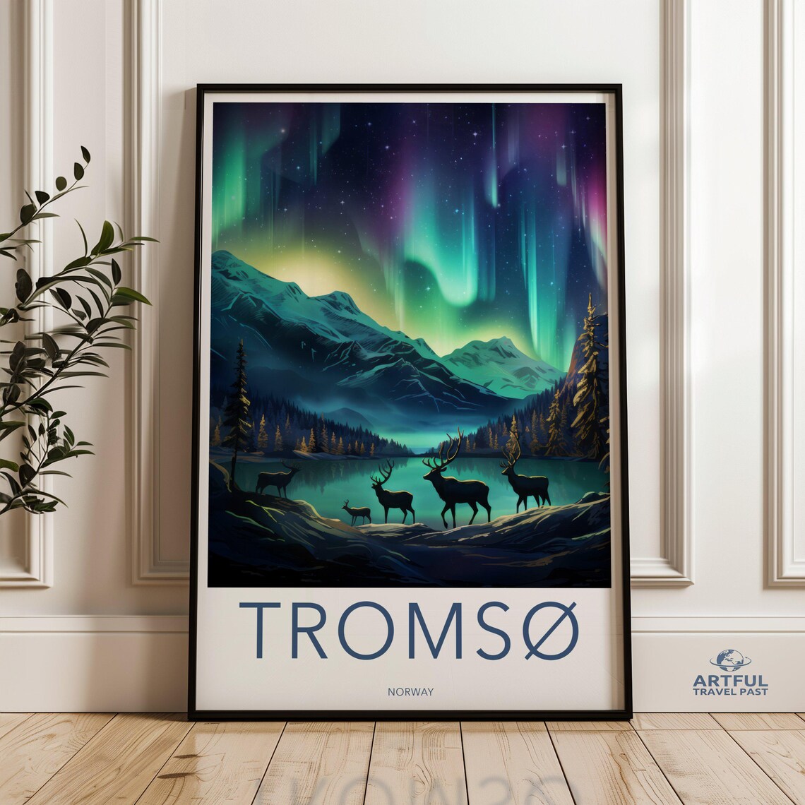 Tromsø Norway Northern Lights Reindeer Fjord Aurora Travel Poster
