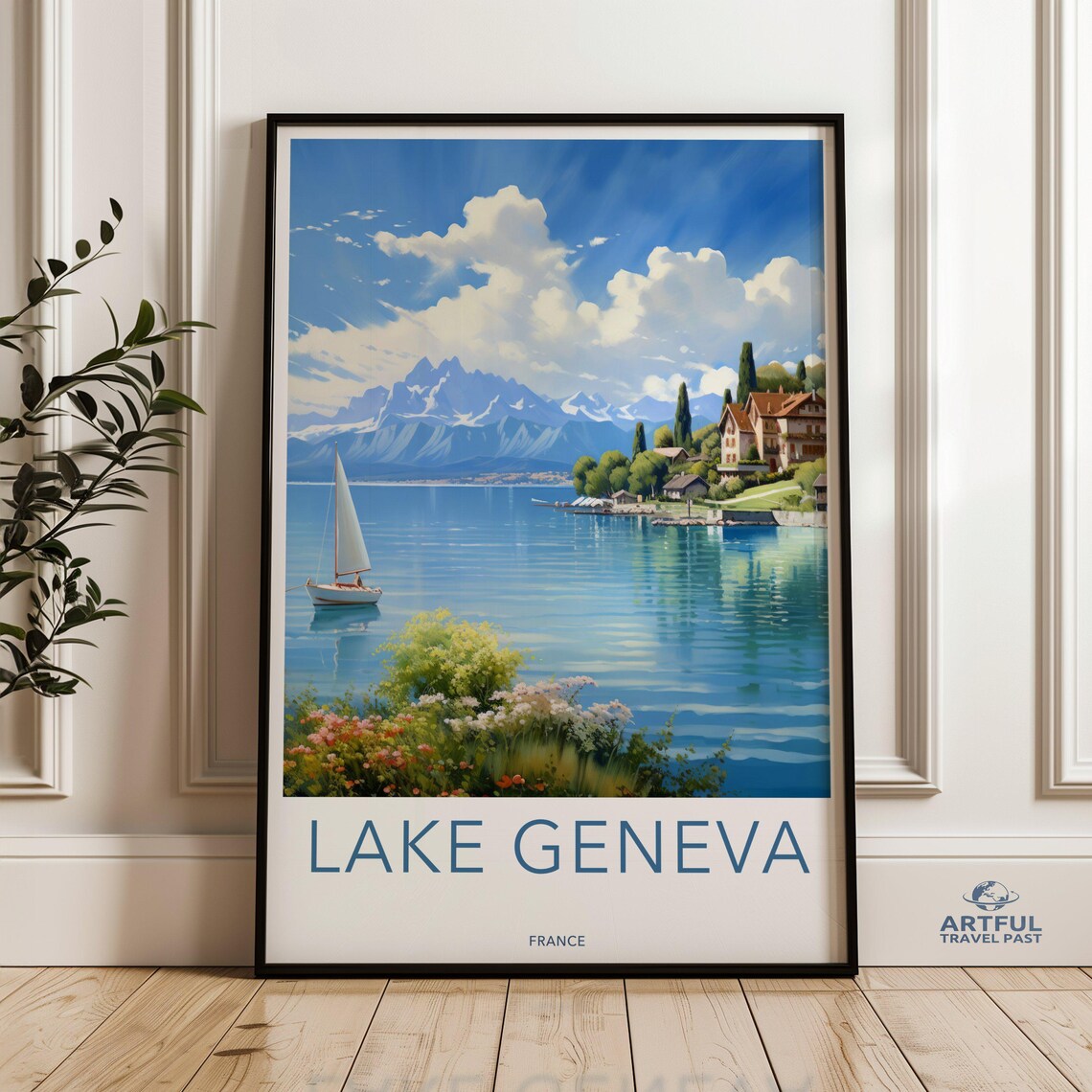 Lake Geneva France Vintage Sailboat Mountain Landscape Poster