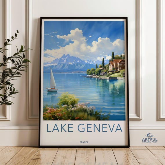 Lake Geneva Poster Wall Art Scenic Print Home Decor Landscape Artwork Travel Switzerland Nature Illustration