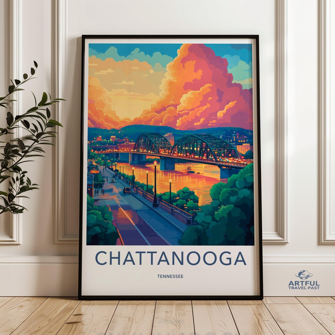 Chattanooga Tennessee Cityscape Travel Poster, Sunset Panorama