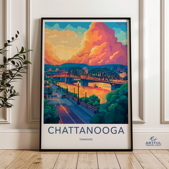 Chattanooga Tennessee Cityscape Travel Poster, Sunset Panorama